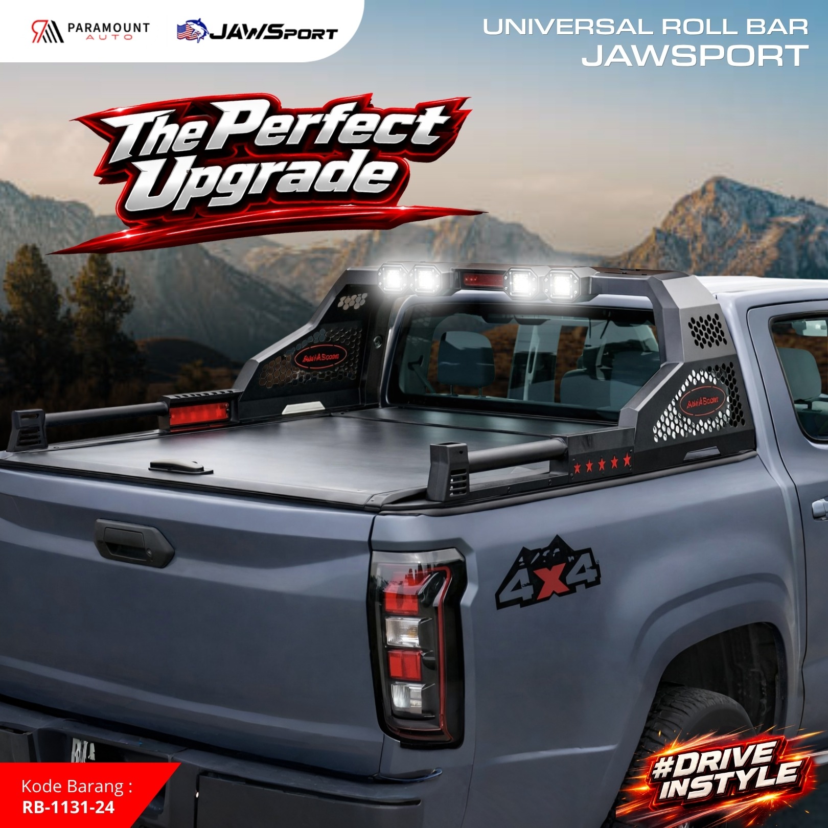 Roll Bar JAWSPORT Universal Pickup + LED Work Light | Rollbar Bak Mobil Carbon Steel Premium Plug & Play - Image 2