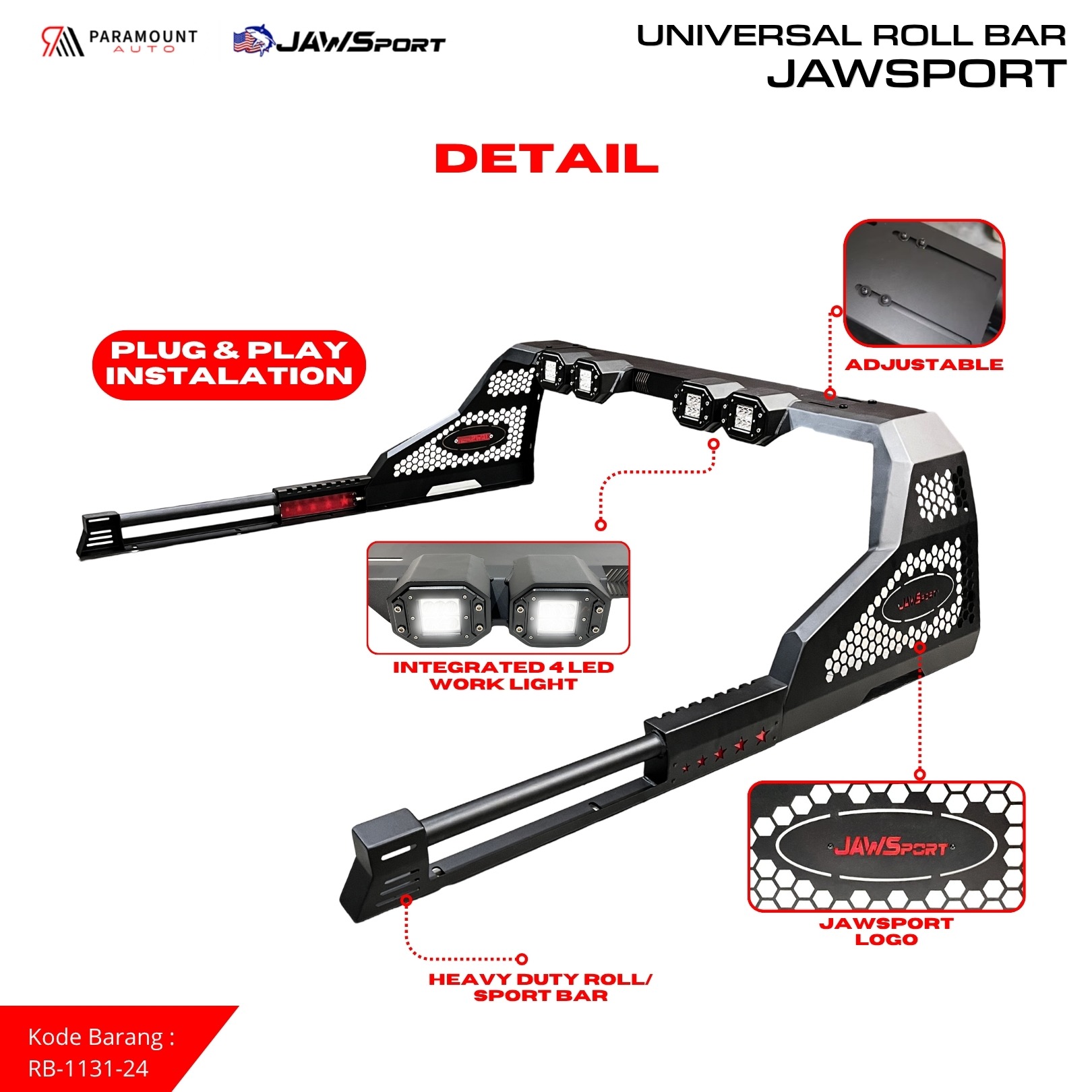 Roll Bar JAWSPORT Universal Pickup + LED Work Light | Rollbar Bak Mobil Carbon Steel Premium Plug & Play - Image 3