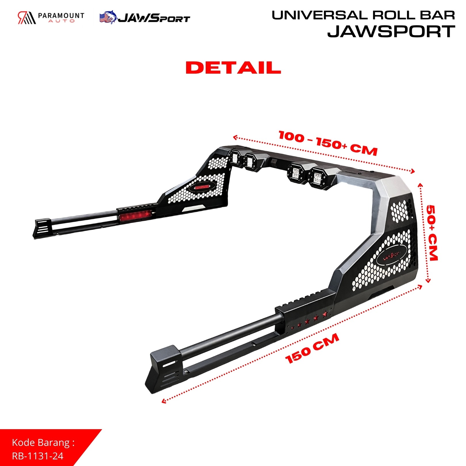 Roll Bar JAWSPORT Universal Pickup + LED Work Light | Rollbar Bak Mobil Carbon Steel Premium Plug & Play - Image 4