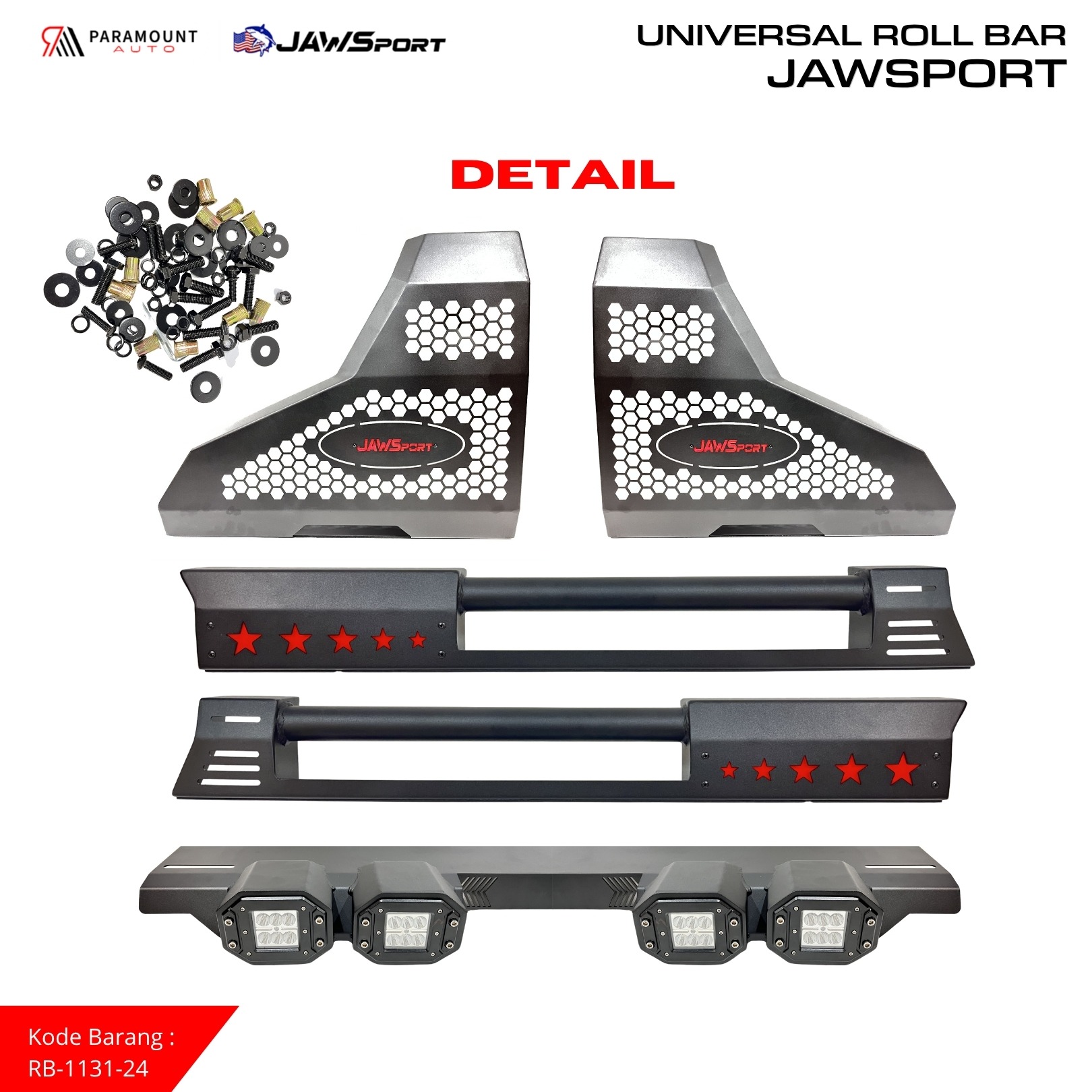Roll Bar JAWSPORT Universal Pickup + LED Work Light | Rollbar Bak Mobil Carbon Steel Premium Plug & Play - Image 5