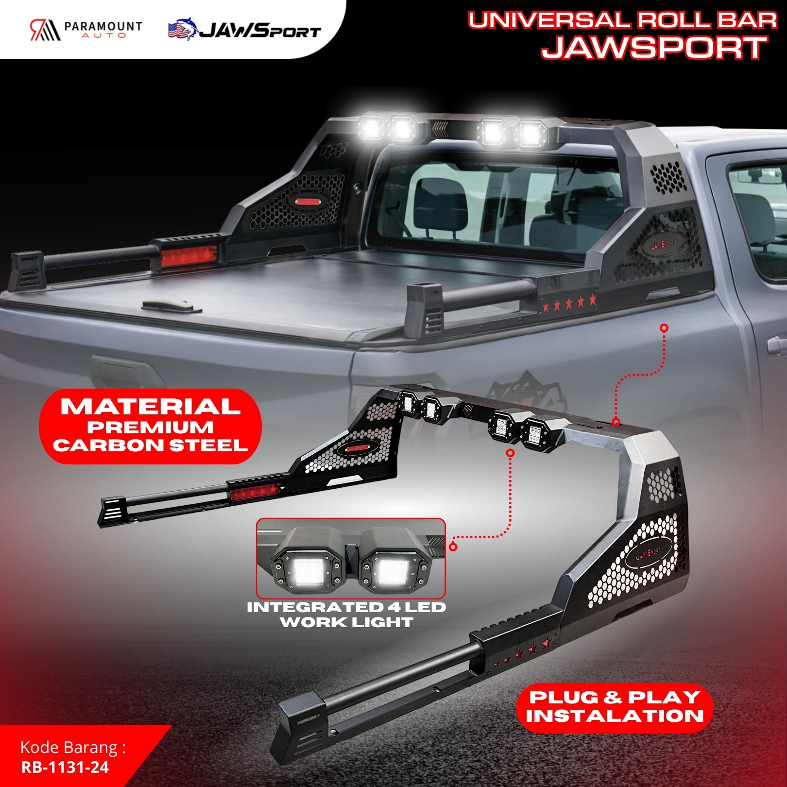 Roll Bar JAWSPORT Universal Pickup + LED Work Light | Rollbar Bak Mobil Carbon Steel Premium Plug & Play