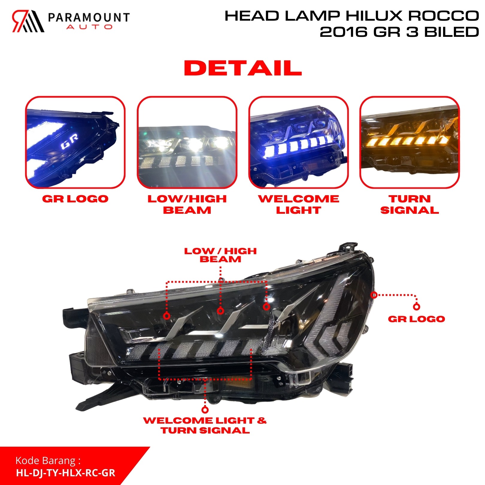 Headlamp Toyota Hilux Revo Rocco GR 3 Non RGB Biled Projector LED DRL Sequential Plug & Play - Image 2